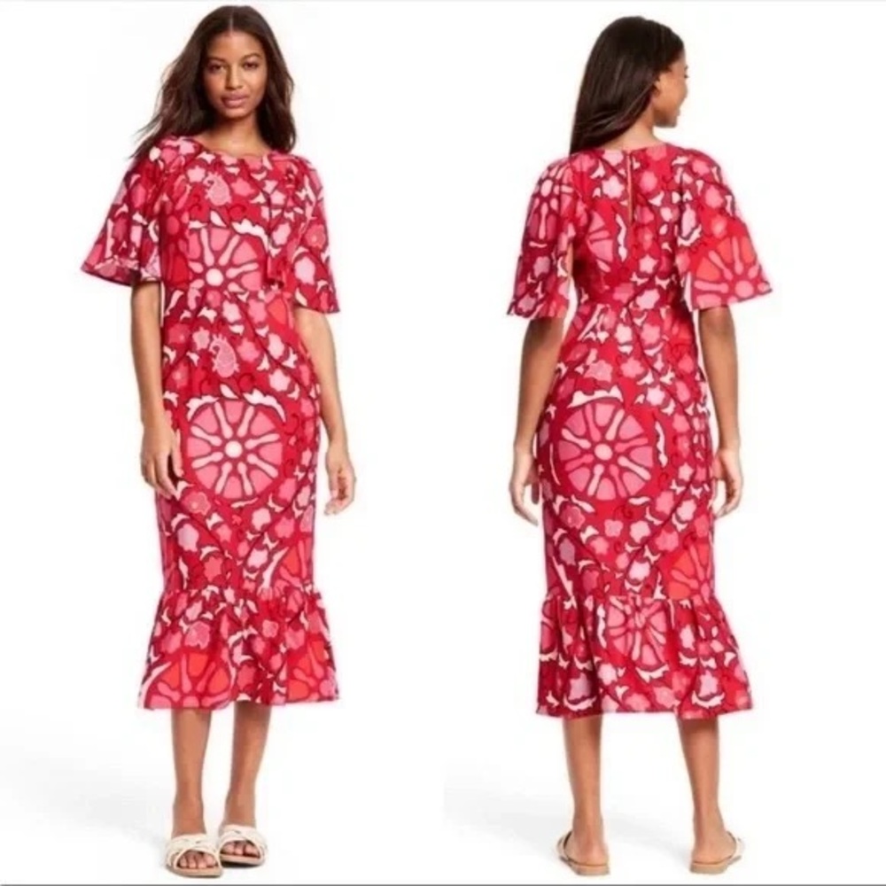 RHODE Vibrant Red Floral Midi Dress Linen Womens Size 2